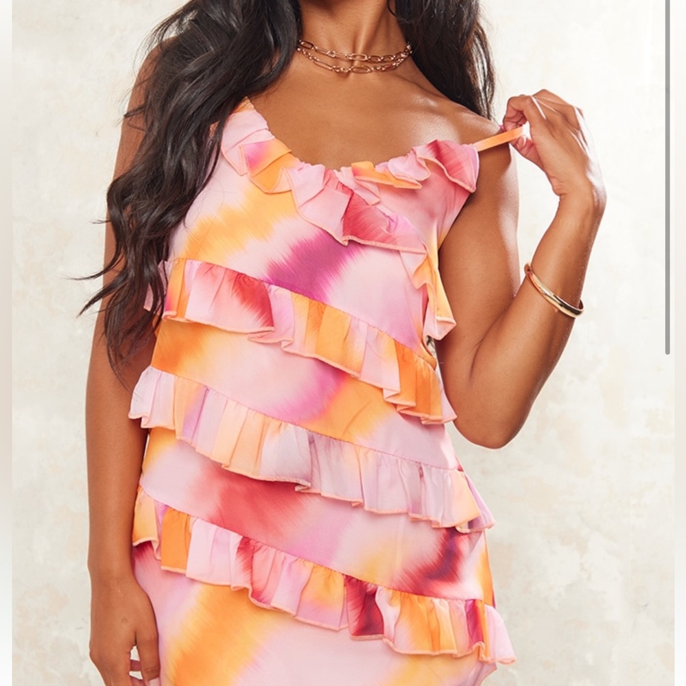 PINK WATERCOLOUR PRINT ASYMMETRIC FRILL STRAPPY SHIFT DRESS